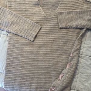 V-Neck Ribbed Sweater with Side Ribbon Detail